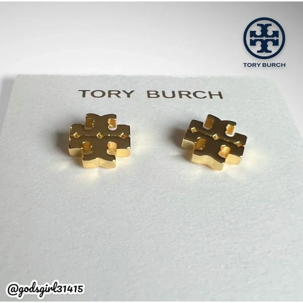 NWT Tory Burch 18K Gold Plated Kira Logo Stud Earrings & Dust Bag $78 - Picture 5 of 12
